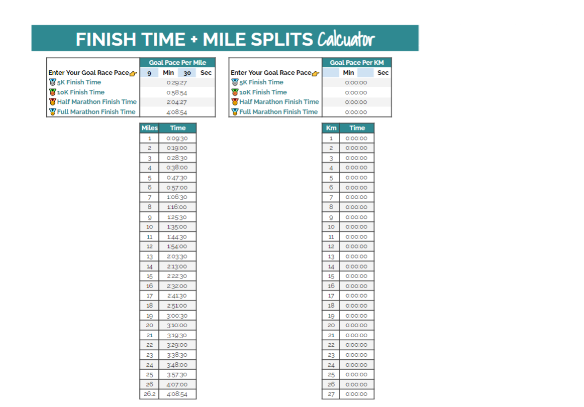 HalfMarathonFinishTimeSplitsCalculatorPaceBand